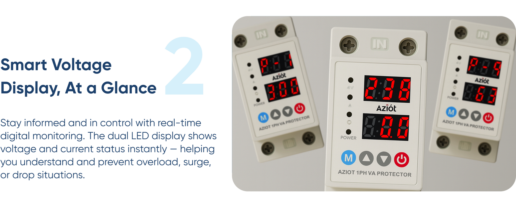 AZIOT Automatic Over/Under Voltage & Overload Protector with Adjustable Settings, Auto Reconnect, LED Display – Single Phase 230V, 63A (13.8kW) DIN Rail Mounted