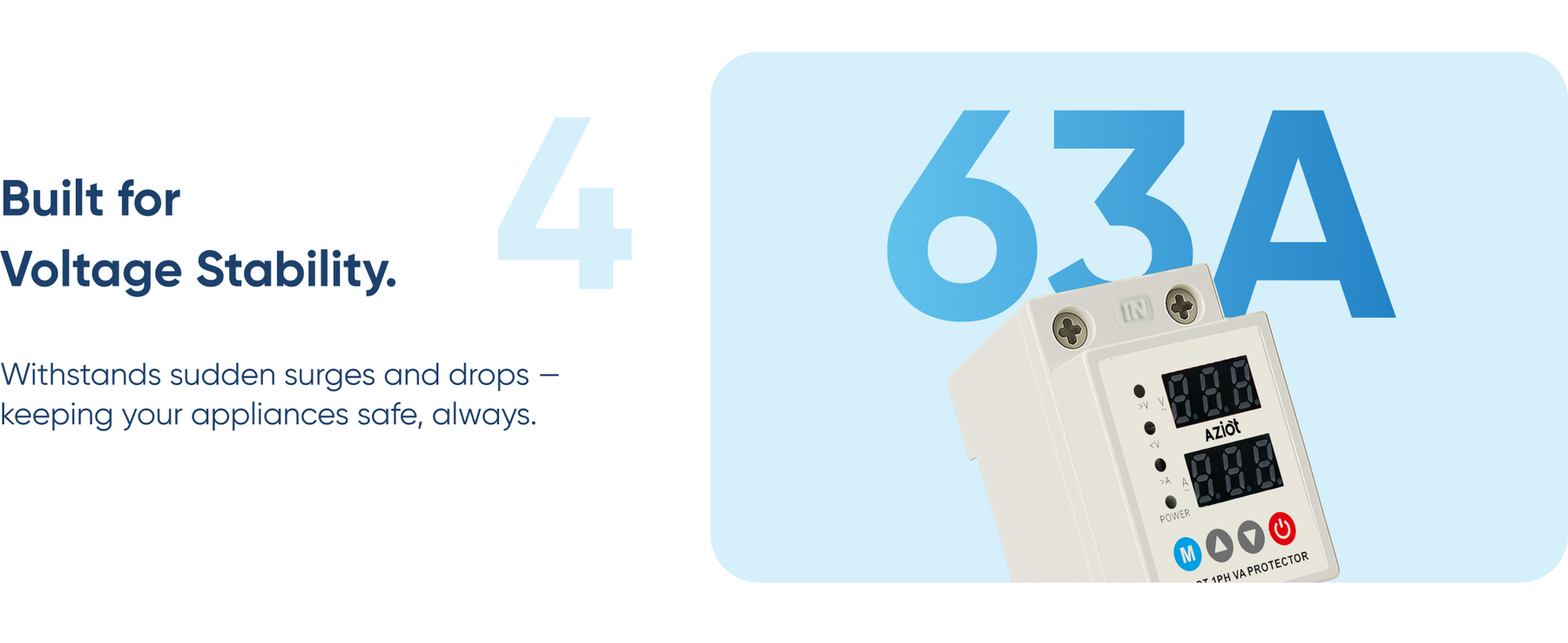 AZIOT Automatic Over/Under Voltage & Overload Protector with Adjustable Settings, Auto Reconnect, LED Display – Single Phase 230V, 63A (13.8kW) DIN Rail Mounted