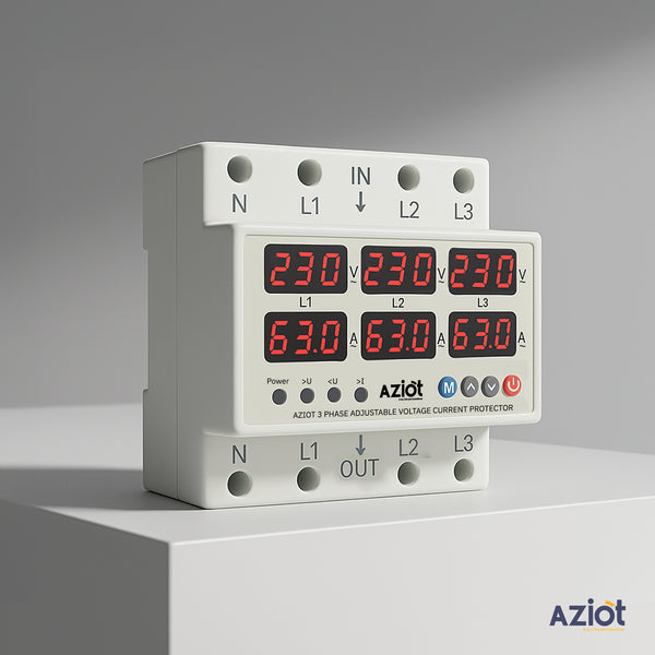 AZIOT 3-Phase Automatic Over/Under Voltage Protector 63A, 230VAC – Overcurrent, Phase-Loss & Imbalance Protection with Auto-Reconnect Function
