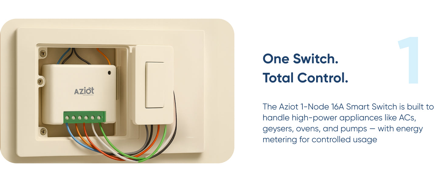 AZIOT 1 Node 16A Smart Switch with Energy Monitoring | WiFi + Bluetooth Smart Relay Switch | Timer & Schedule Function | Compatible with Alexa & Google Home | Made in India
