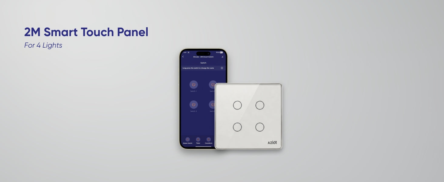 AZIOT Smart Premium Toughened Glass Touch Switch Panel | Elevate 2 Module 4 Switch | WiFi + BLE | No Hub Required | Works with Alexa, Google Assistant & Siri