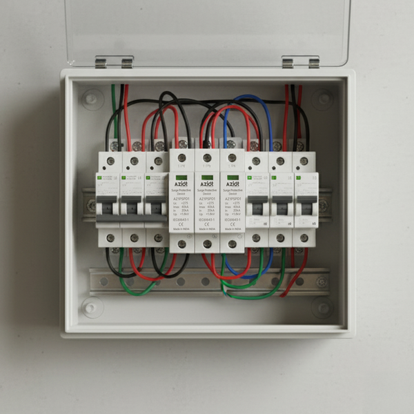 Aziot 3-Phase 40kA Surge Protection Device (SPD) – Type 2 Class C Lightning Arrester for AC Panels | Line to Earth | 275V Nominal | IEC 61643-1 Compliant | DIN Rail Mount | Made in India