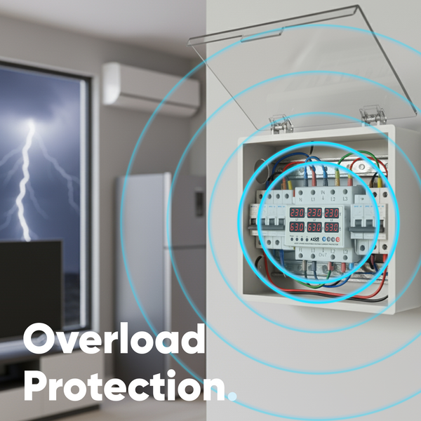 AZIOT 3-Phase Automatic Over/Under Voltage Protector 63A, 230VAC – Overcurrent, Phase-Loss & Imbalance Protection with Auto-Reconnect Function