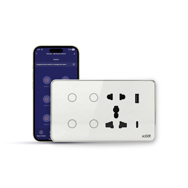 AZIOT Smart Premium Toughened Glass Touch Switch Panel | Elevate 4 Module (4 Switch + Socket) | WiFi + BLE | No Hub Required | Works with Alexa, Google Assistant & Siri