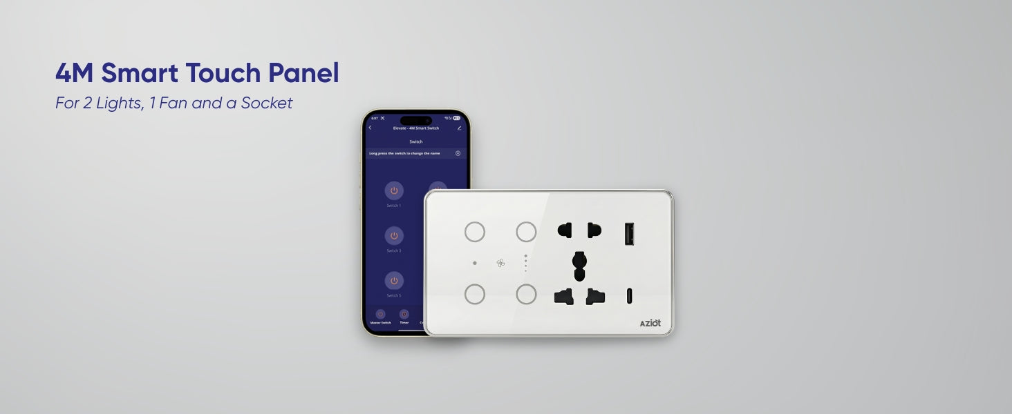 AZIOT Smart Premium Toughened Glass Touch Switch Panel | Elevate 4 Module (2 Switch + Fan + Socket) | WiFi + BLE | No Hub Required | Works with Alexa, Google Assistant & Siri | Black