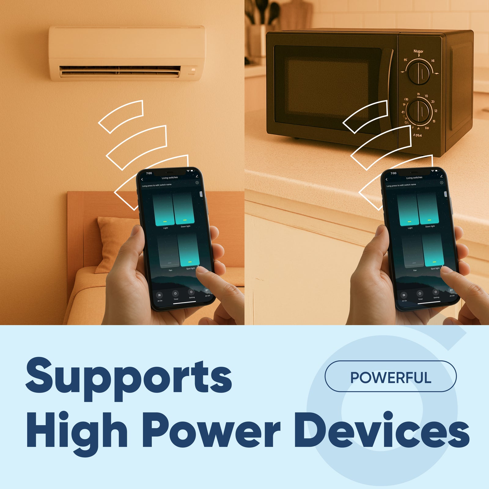 Two hands holding smartphones with app interfaces, one near an air conditioner and the other near a microwave, with text 'Supports High Power Devices' and 'Powerful'.