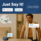 Man using a smart device to control a geyser with voice commands, featuring Google Assistant and Alexa logos.