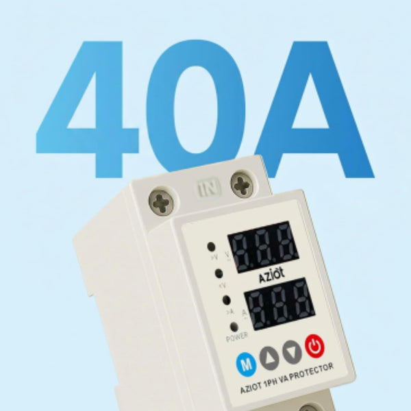 AZIOT Automatic Over & Under Voltage Protector 40A | Adjustable Voltage & Reconnect Delay Settings | LED Display | Single Phase 230V | Auto Recovery Protection | DIN Rail Mounted for Home & Office