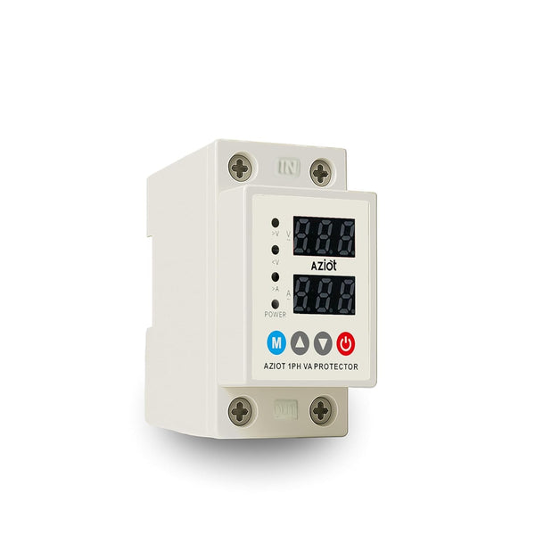 AZIOT Automatic Over & Under Voltage Protector 40A | Adjustable Voltage & Reconnect Delay Settings | LED Display | Single Phase 230V | Auto Recovery Protection | DIN Rail Mounted for Home & Office