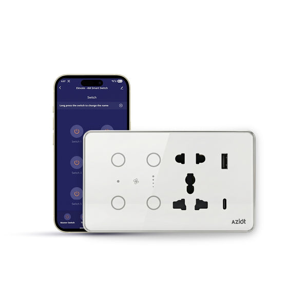 AZIOT Smart Premium Toughened Glass Touch Switch Panel | Elevate 4 Module (2 Switch + Fan + Socket) | WiFi + BLE | No Hub Required | Works with Alexa, Google Assistant & Siri | Black