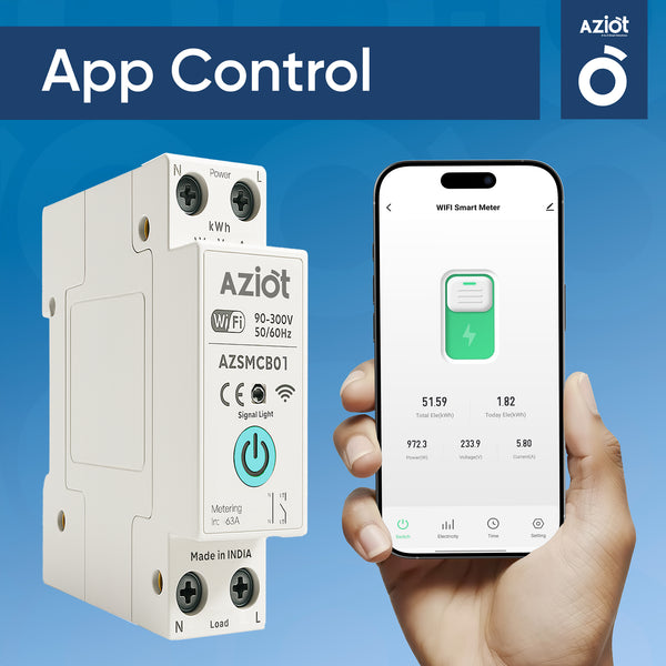 Aziot 1P 63A WiFi Smart Circuit Breaker with Power Monitoring, Remote & Voice Control | Compatible with EV Chargers, Geysers, Water Pumps, Room Heaters, and Heavy-Duty Appliances | SmartLife App