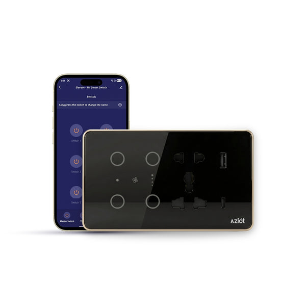 AZIOT Smart Premium Toughened Glass Touch Switch Panel | Elevate 4 Module (2 Switch + Fan + Socket) | WiFi + BLE | No Hub Required | Works with Alexa, Google Assistant & Siri | Black