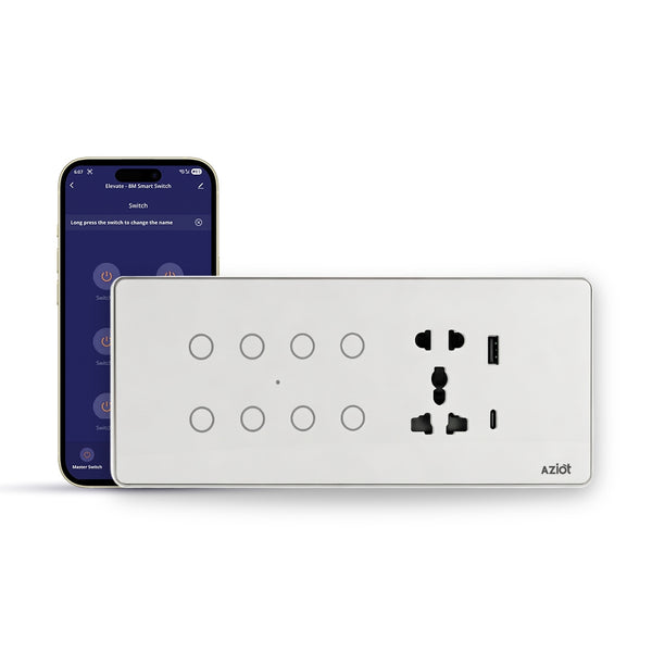 AZIOT Smart Premium Toughened Glass Touch Switch Panel | Elevate 8 Module (8 Switch + Socket) | WiFi + BLE | No Hub Required | Works with Alexa, Google Assistant & Siri