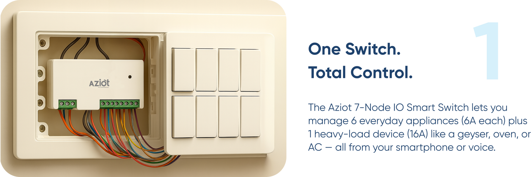 AZIOT 7 Node IO Smart Switch | 6 Normal Loads + 1 x 16A Heavy Load | WiFi + Bluetooth | Dual Power Input (Inverter & Raw) | Timer Function | Voice Control with Alexa & Google | Made in India
