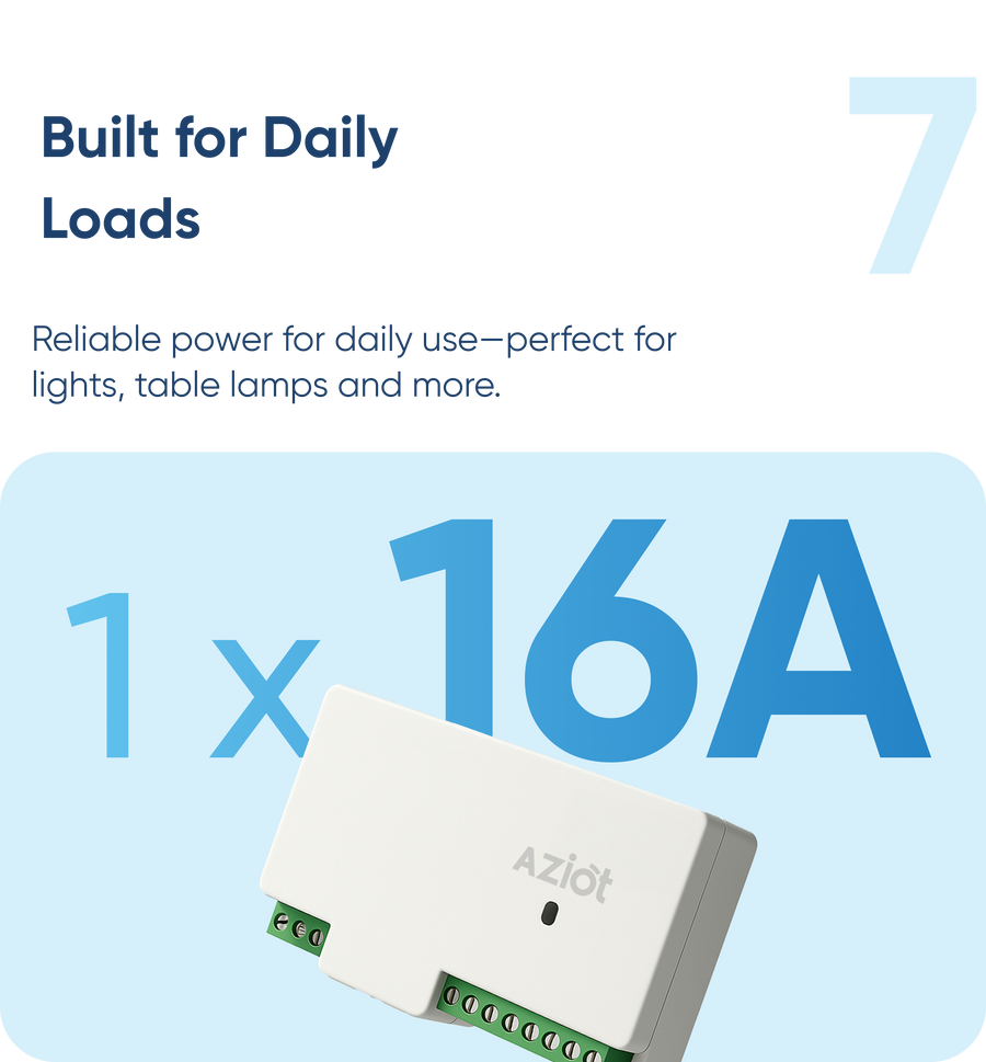 AZIOT 7 Node IO Smart Switch | 6 Normal Loads + 1 x 16A Heavy Load | WiFi + Bluetooth | Dual Power Input (Inverter & Raw) | Timer Function | Voice Control with Alexa & Google | Made in India