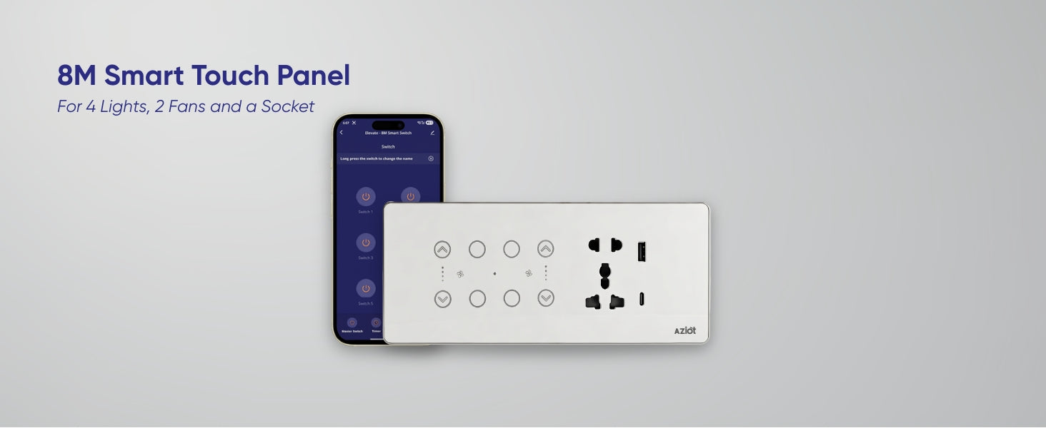 AZIOT Smart Premium Toughened Glass Touch Switch Panel | Elevate 8 Module (4 Switch + 2 Fan + Socket) | WiFi + BLE | No Hub Required | Works with Alexa, Google Assistant & Siri