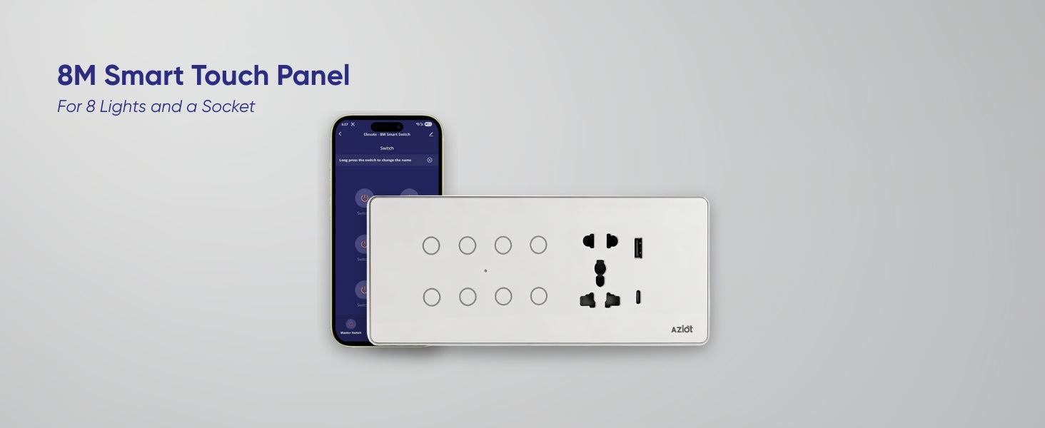AZIOT Smart Premium Toughened Glass Touch Switch Panel | Elevate 8 Module (8 Switch + Socket) | WiFi + BLE | No Hub Required | Works with Alexa, Google Assistant & Siri