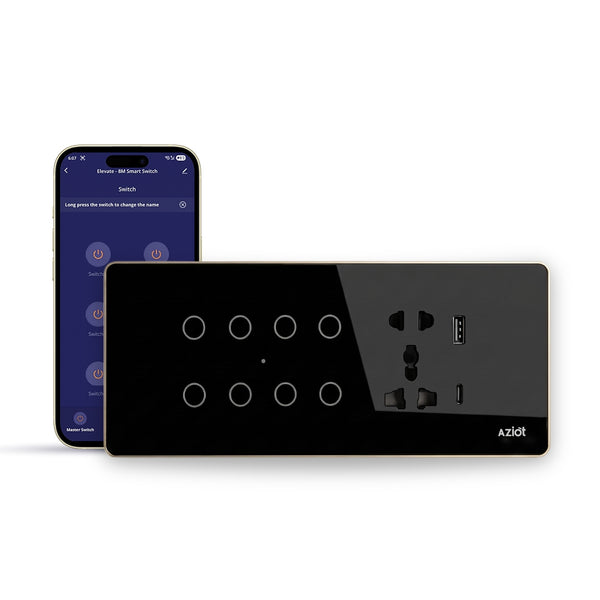 AZIOT Smart Premium Toughened Glass Touch Switch Panel | Elevate 8 Module (8 Switch + Socket) | WiFi + BLE | No Hub Required | Works with Alexa, Google Assistant & Siri