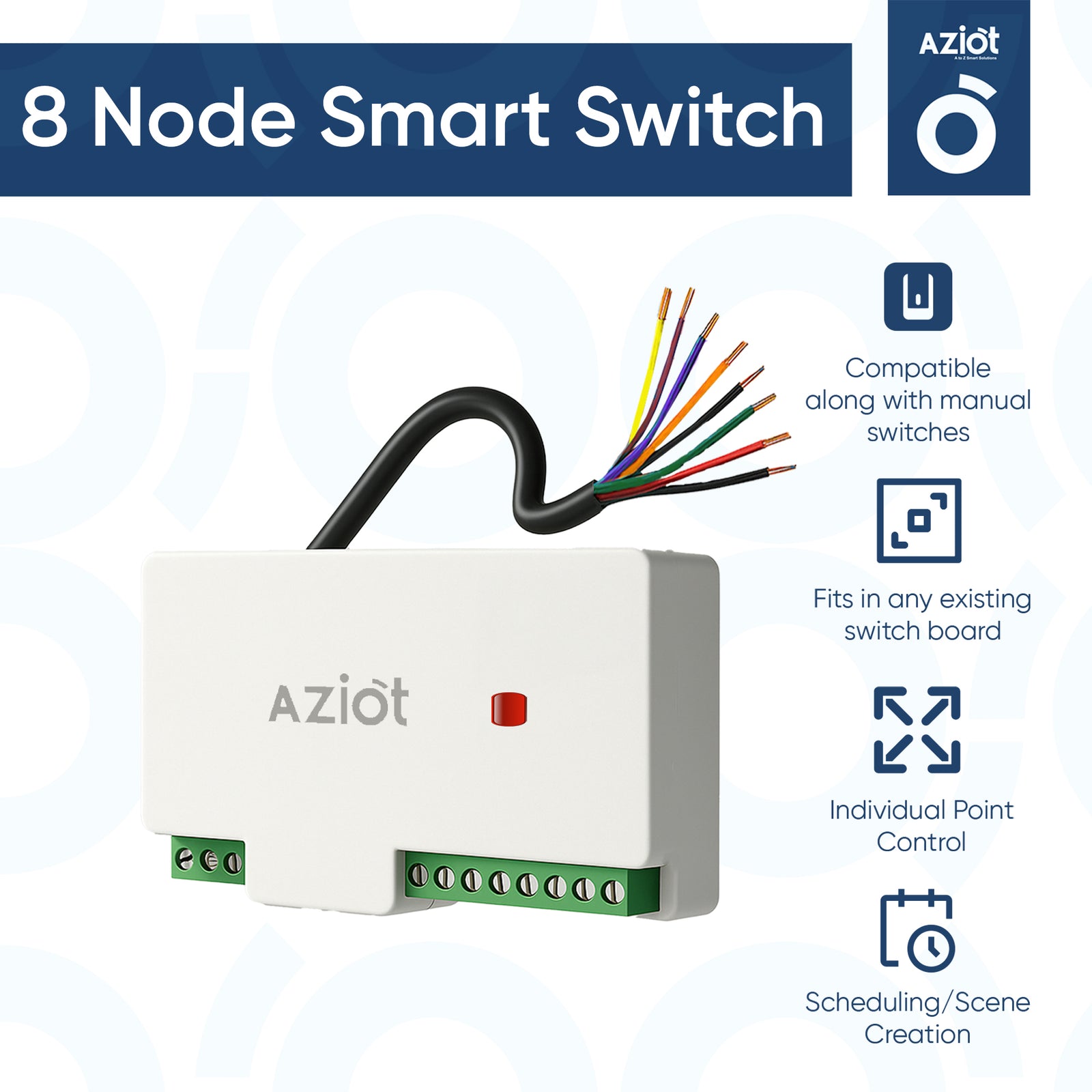 8 Node Smart Switch with wiring diagram and feature icons on a white background