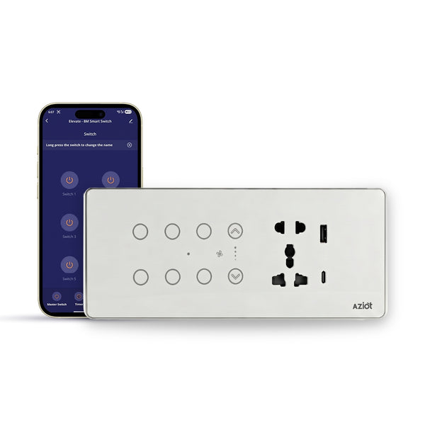 AZIOT Smart Premium Toughened Glass Touch Switch Panel | Elevate 8 Module (6 Switch + Fan + Socket) | WiFi + BLE | No Hub Required | Works with Alexa, Google Assistant & Siri