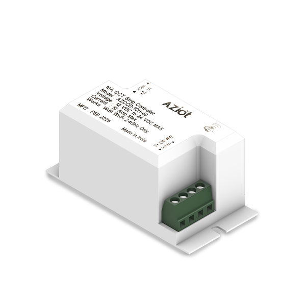 A white AZIOT smart CCT LED strip light controller with a green terminal connector.