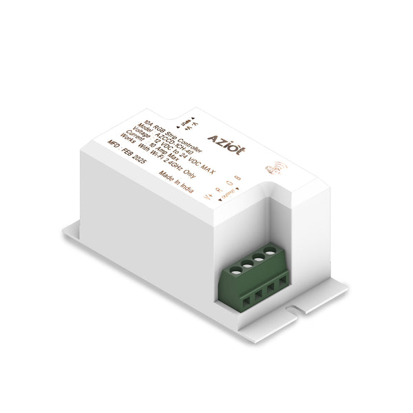 A white AZIOT smart RGB LED strip light controller with a green terminal connector.