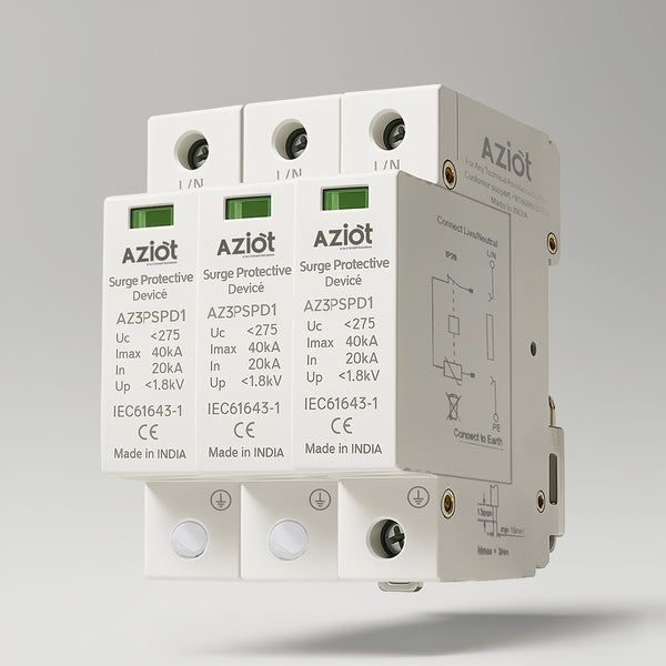 Aziot 3-Phase 40kA Surge Protection Device (SPD) – Type 2 Class C Lightning Arrester for AC Panels | Line to Earth | 275V Nominal | IEC 61643-1 Compliant | DIN Rail Mount | Made in India