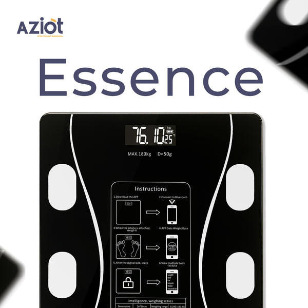 Aziot Essence Smart BLE Digital Weighing Scale with a black tempered glass platform, digital display showing weight and various health metrics, with instructions and a mobile app connection icon.