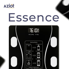 Aziot Essence Smart BLE Digital Weighing Scale with a black tempered glass platform, digital display showing weight and various health metrics, with instructions and a mobile app connection icon.