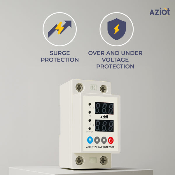 AZIOT Automatic Over/Under Voltage & Overload Protector with Adjustable Settings, Auto Reconnect, LED Display – Single Phase 230V, 63A (13.8kW) DIN Rail Mounted