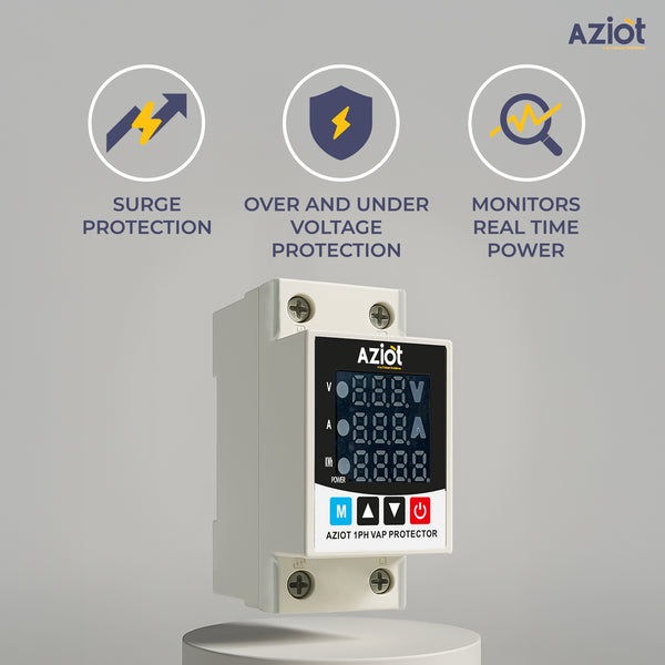 Aziot Adjustable Voltage & Current Protector | Single-Phase 230V | Voltage, Current and Power Display | 63A | Auto Reset & Delay Settings