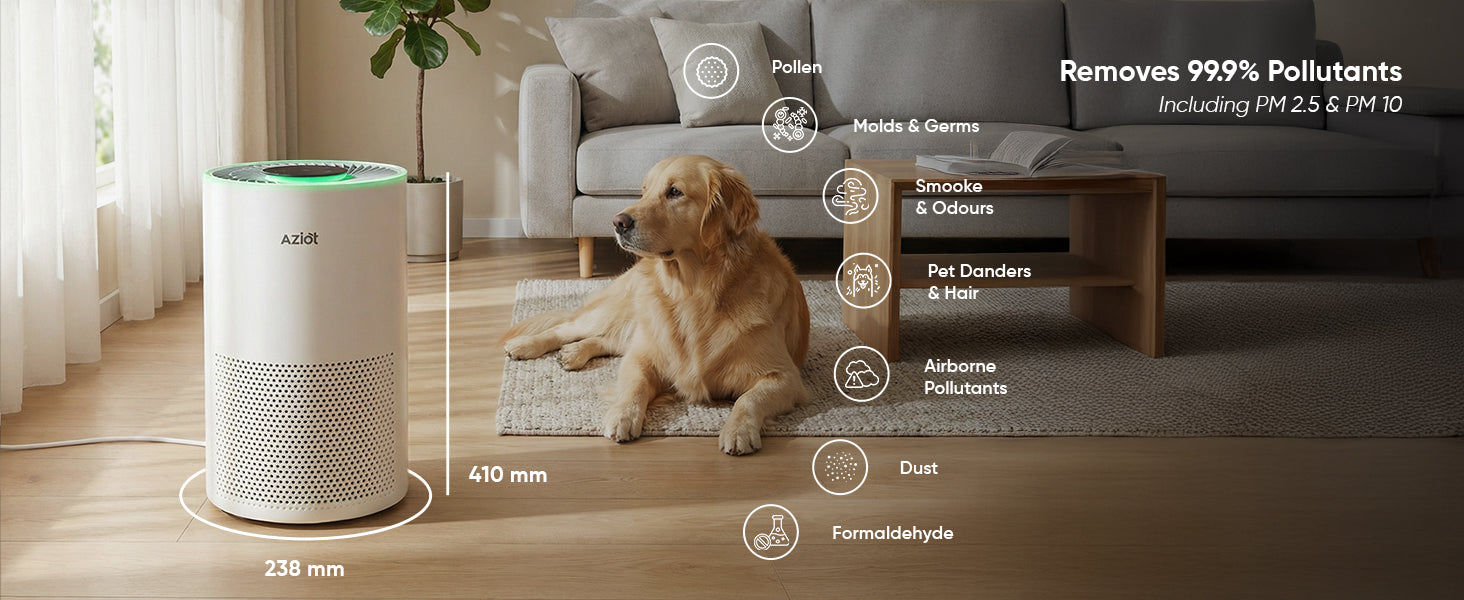 AZIOT Elevate Smart Air Purifier for Home & Office, 4-Stage HEPA H13 Filtration, Covers 465 sq.ft, WiFi App & Voice Control, 99.99% Allergen Removal, 9000 Hrs Filter Life, AQI LED Display, DC Motor