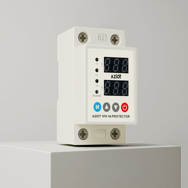 AZIOT Automatic Over/Under Voltage & Overload Protector with Adjustable Settings, Auto Reconnect, LED Display – Single Phase 230V, 63A (13.8kW) DIN Rail Mounted