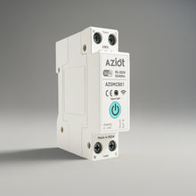 A white Aziot 1P 63A WiFi Smart Circuit Breaker with power monitoring features and app control indicators.
