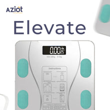 Aziot Elevate Smart Bluetooth Digital Weighing Scale with a black glass surface and blue accents, featuring a digital display and various health metrics illustrated around the border.