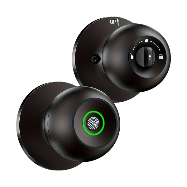 A cylindrical black smart door lock featuring a fingerprint scanner and a mechanical keyhole.