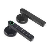 A smart door lock featuring a black handle with a fingerprint scanner and a numeric keypad.