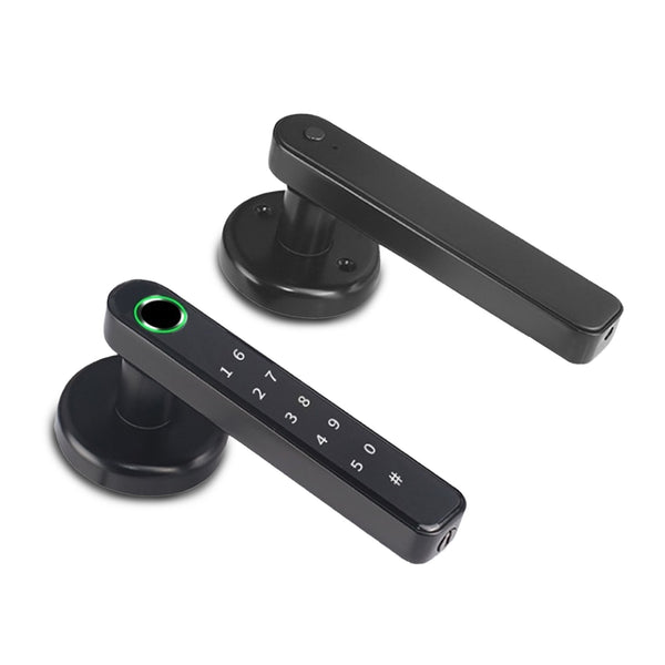 A smart door lock featuring a black handle with a fingerprint scanner and a numeric keypad.
