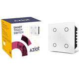 A white smart touch switch by AZIOT, shown alongside its packaging which features a yellow and black color scheme.