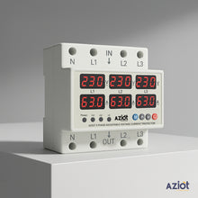 3-Phase Automatic Over/Under Voltage Protector with digital display showing phase and voltage levels, branded AZIOT.