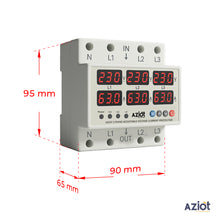 Digital current protector with measurement display and dimensions.