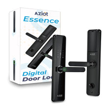 A digital door lock by Aziot, featuring keyhole, fingerprint scanner, and numeric keypad on a black surface, alongside its packaging box.
