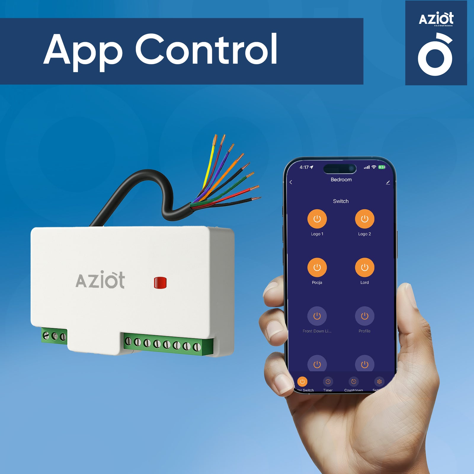 Smart device control panel with smartphone displaying controls on a blue background