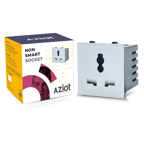 A product image showing a modular non-smart socket by Aziot in white color, alongside its packaging box.