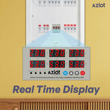 Digital display showing voltage and current readings with a yellow background.