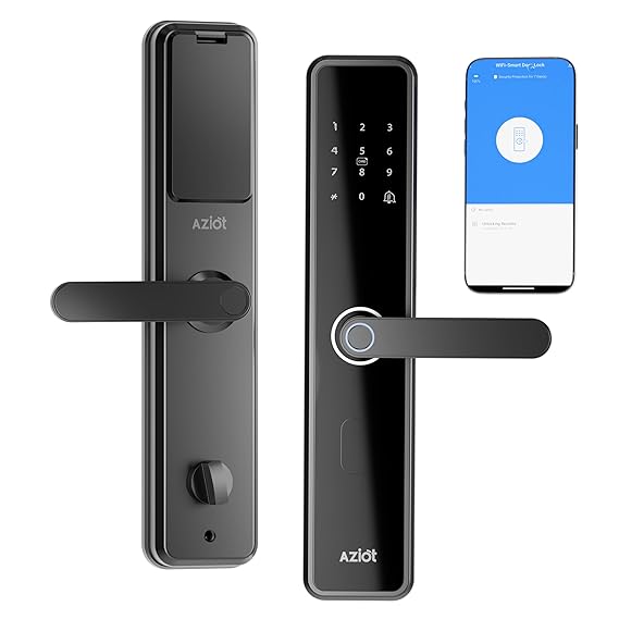 A smart door lock featuring fingerprint access, passcode keypad, and RFID reader, with a smartphone app interface displayed separately.